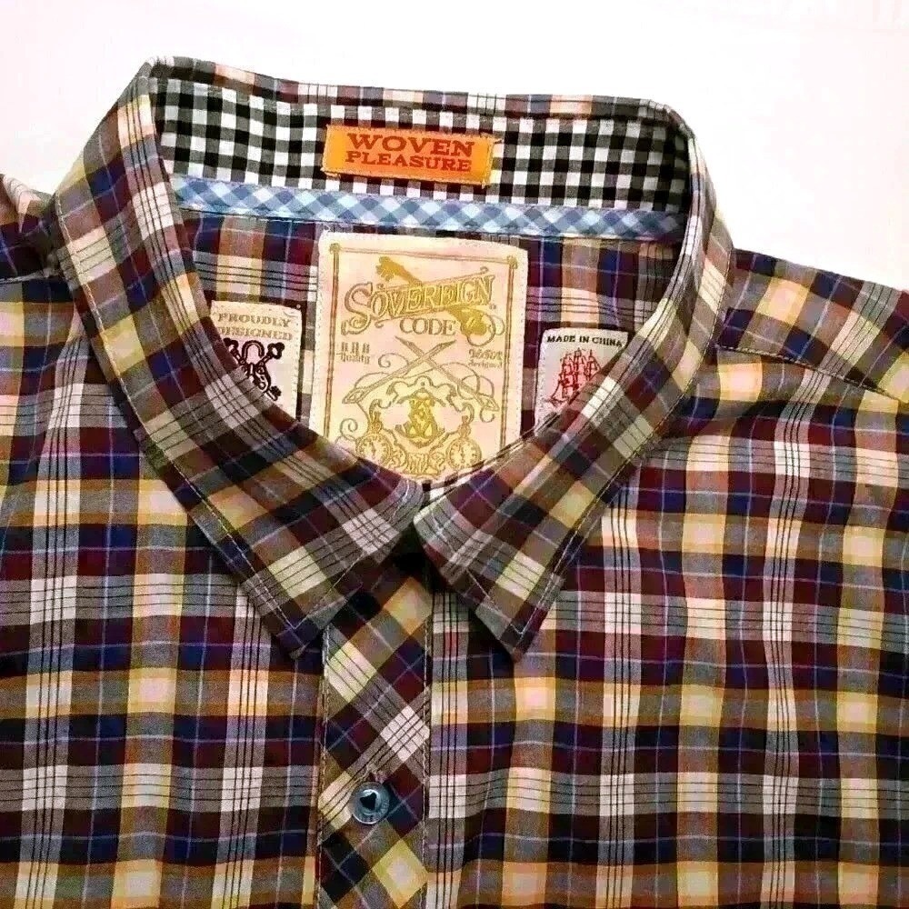 Sovereign Code Mens Craig Plaid Button Down Shirt Size 2XL Yellow Brown Classic